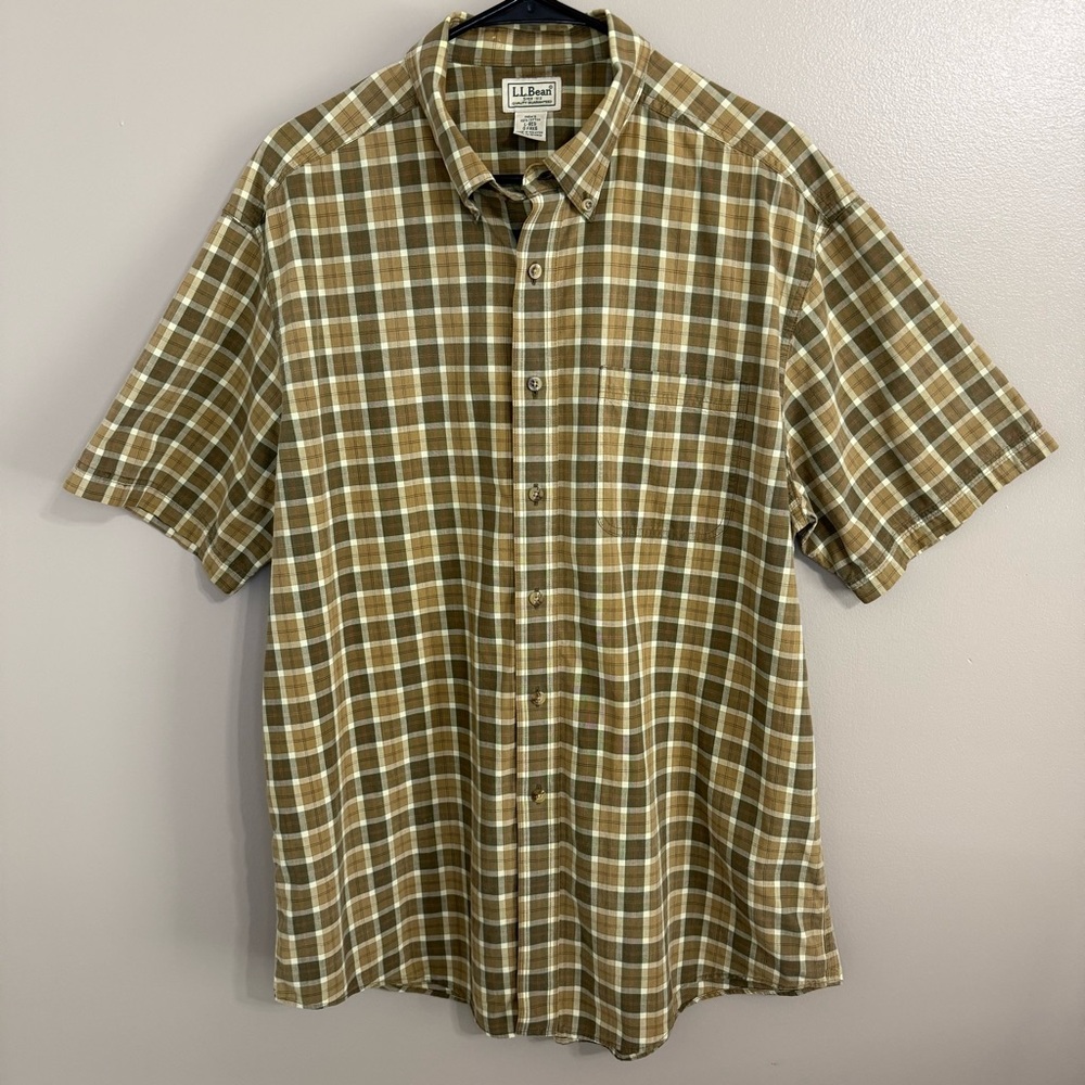 L.L.Bean‎ Short-Sleeve Brown Olive Cream Plaid Button-Down Shirt Camp Mens L
